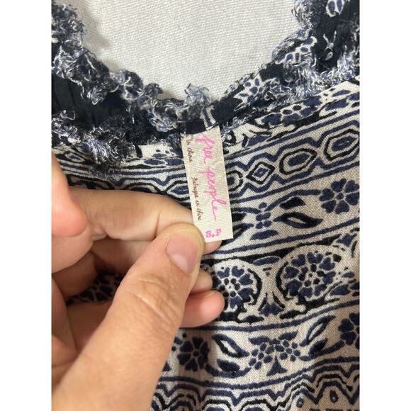 Free People Mini Dress Small PETITE Black Blue Flare Sleeve Fringe Heart of Gold - Picture 9 of 12